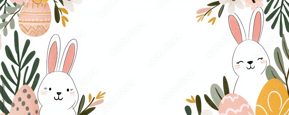 Fototapeta premium Charming Easter Bunnies and Floral Frame