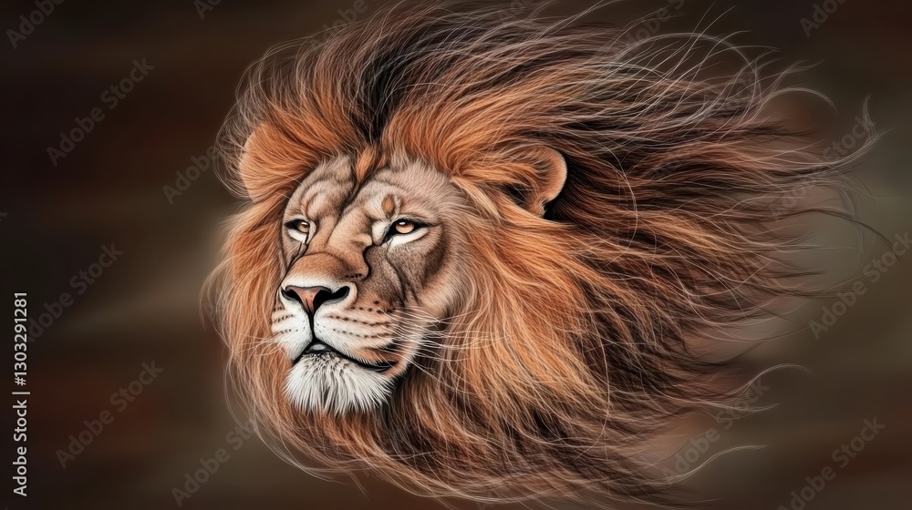 Fototapeta premium Majestic lion with flowing mane against a dramatic dark background