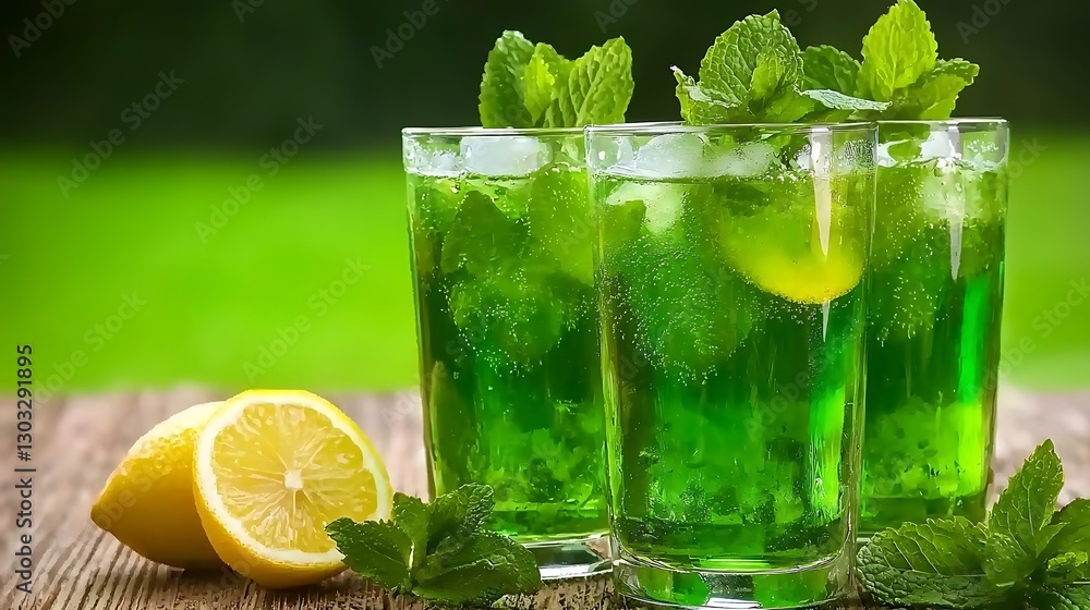 Refreshing Green Mint Beverage with Lemon Slices and Fresh Mint Leaves on Wooden Table Refreshing Green Mint Beverage with Lemon Slices and Fresh Mint Leaves on Wooden Table