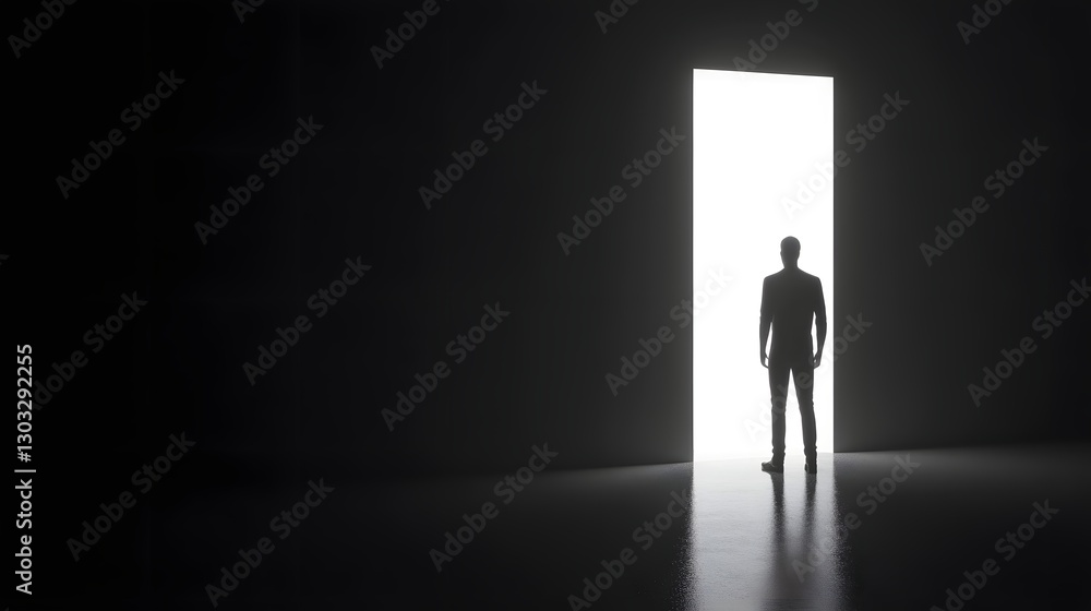 Lone silhouetted figure standing in the doorway of an illuminated passage creating a sense of mystery anticipation and the potential for a new journey or life chapter Lone silhouetted figure standing in the doorway of an illuminated passage creating a sense of mystery anticipation and the potential for a new journey or life chapter
