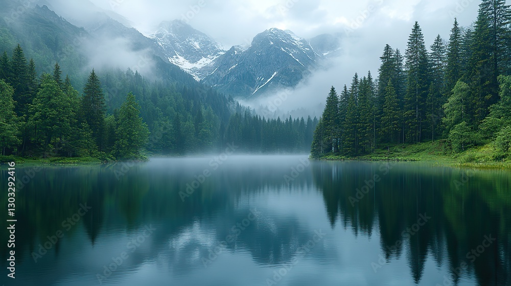 mountain lake in a foggy forest with snow capped peaks mountain lake in a foggy forest with snow capped peaks