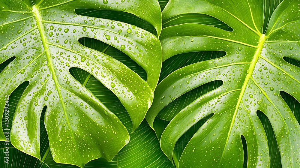 Obraz premium Detailed Close-Up of Fresh Green Tropical Leaves with Water Droplets on Vibrant Background