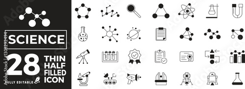 Science & Technology Icon Set in Line Style. A collection of research and laboratory linear icons, including chemistry, physics, biology, molecules, atoms, experiments, and more.