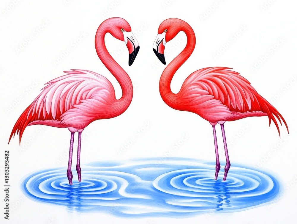 Fototapeta premium Two vibrant pink flamingos gracefully stand in rippling blue water, symbolizing love