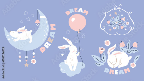 Cute white sleeping rabbits on the moon, on a cloud, on a lawn. Light purple background. Children's template  for baby wallpapers, for printing on T-shirts and pajamas, bed linen. Vector illustration