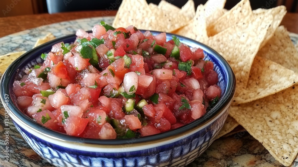 Fresh tomato salsa in bowl with tortilla chips. Fresh tomato salsa in bowl with tortilla chips.