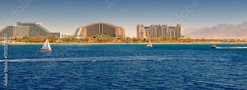 Water sport activities and resting on the Red Sea. Panoramic view on central ...