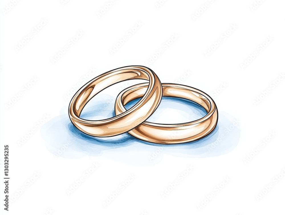 Two intertwined gold wedding rings resting on a soft blue background, symbolizing love Two intertwined gold wedding rings resting on a soft blue background, symbolizing love