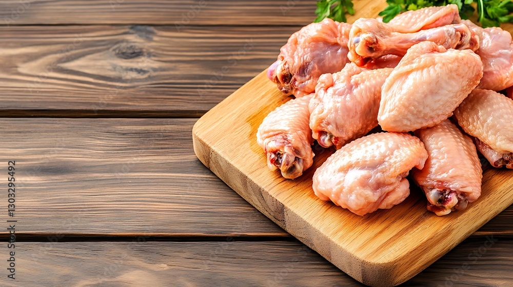 Raw Chicken Wings on a Wooden Cutting Board with Fresh Green Herbs in a Rustic Kitchen Setting Raw Chicken Wings on a Wooden Cutting Board with Fresh Green Herbs in a Rustic Kitchen Setting