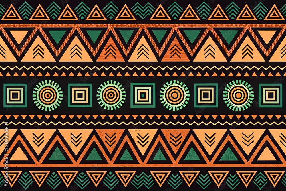 Vibrant Ethnic Tribal Geometric Pattern Seamless Design with Orange Green and Black Triangles Squares and Circles Vibrant Ethnic Tribal Geometric Pattern Seamless Design with Orange Green and Black Triangles Squares and Circles