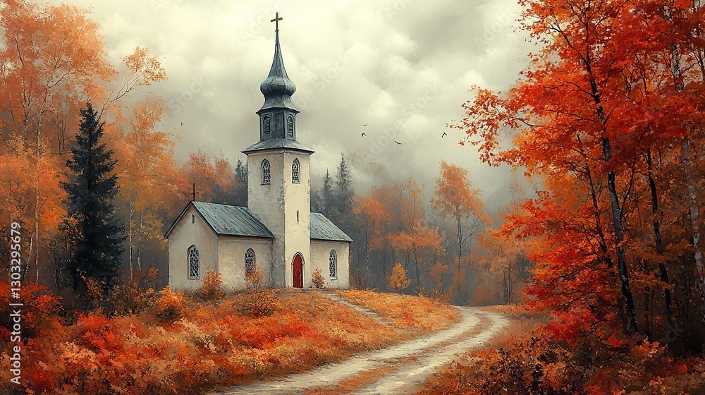 Obraz premium old church in the countryside in autumn painting effect