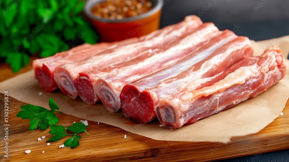 Fresh Raw Pork Ribs on Cutting Board with Parsley and Spices in Background for Meat Preparation Cooking Fresh Raw Pork Ribs on Cutting Board with Parsley and Spices in Background for Meat Preparation Cooking
