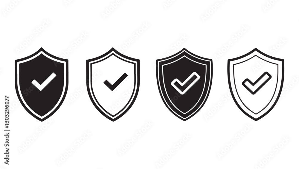 Shield Icons with Check Marks, Black Outline and Solid Styles on White Background. Shield Icons with Check Marks, Black Outline and Solid Styles on White Background.