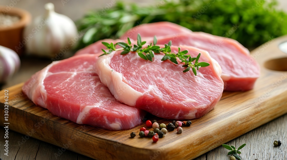 Fresh Raw Pork Chops with Herbs and Spices on a Wooden Cutting Board Close-Up Fresh Raw Pork Chops with Herbs and Spices on a Wooden Cutting Board Close-Up