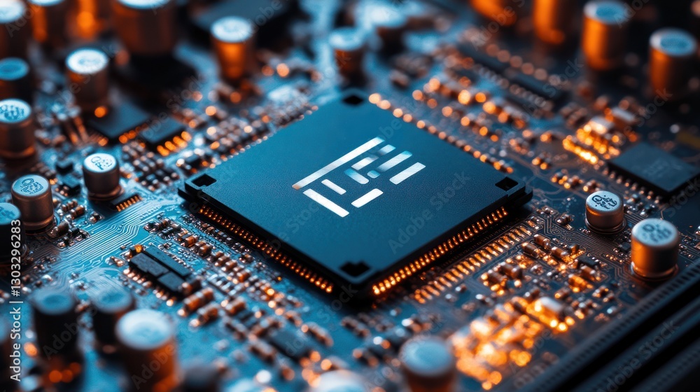Close-up of a computer processor on a circuit board. Close-up of a computer processor on a circuit board.