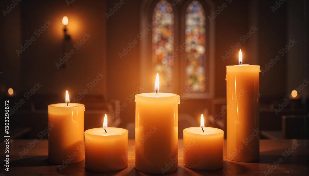 Evening prayer with glowing candles in dim chapel, spiritual reflection Evening prayer with glowing candles in dim chapel, spiritual reflection