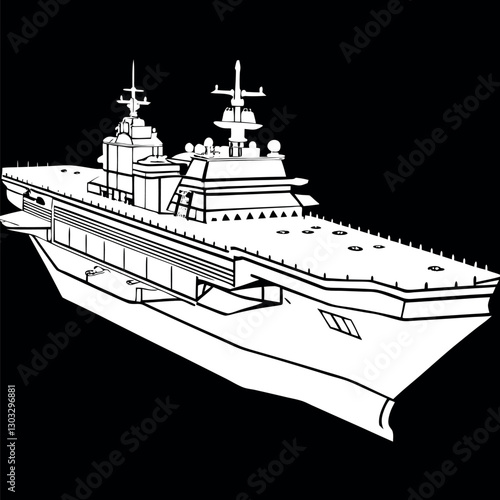 Black and white illustration of a Aircraft carrier, warship, Military vehicles.