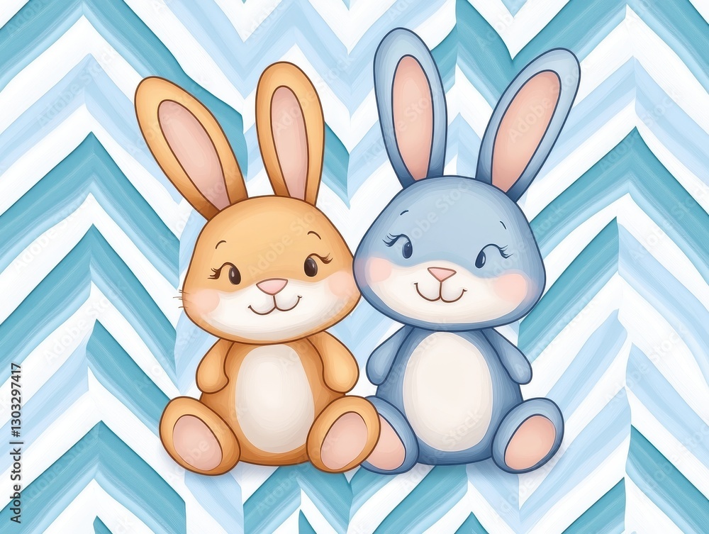 Two adorable cartoon rabbits sitting side by side on a chevron-patterned background Two adorable cartoon rabbits sitting side by side on a chevron-patterned background