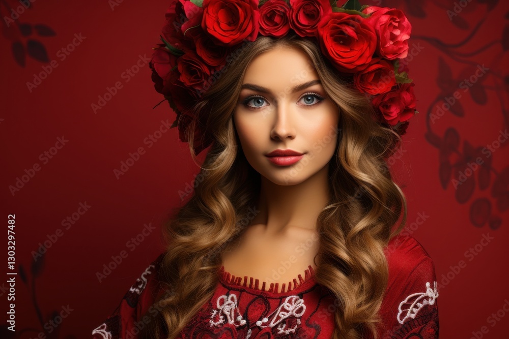 Fototapeta premium Elegant woman in traditional attire with floral crown posed against a vibrant red background