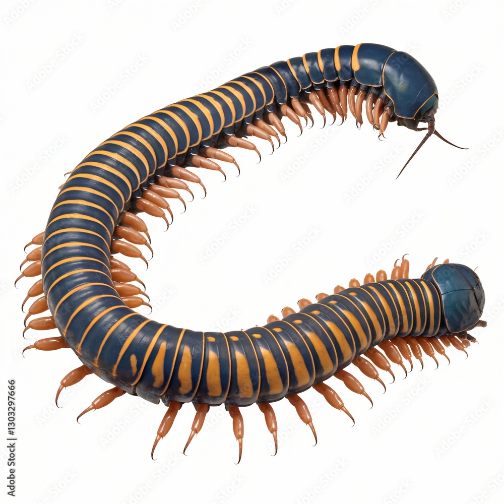 Fototapeta premium Dark Blue and Yellow Striped Centipede Isolated on White Background.