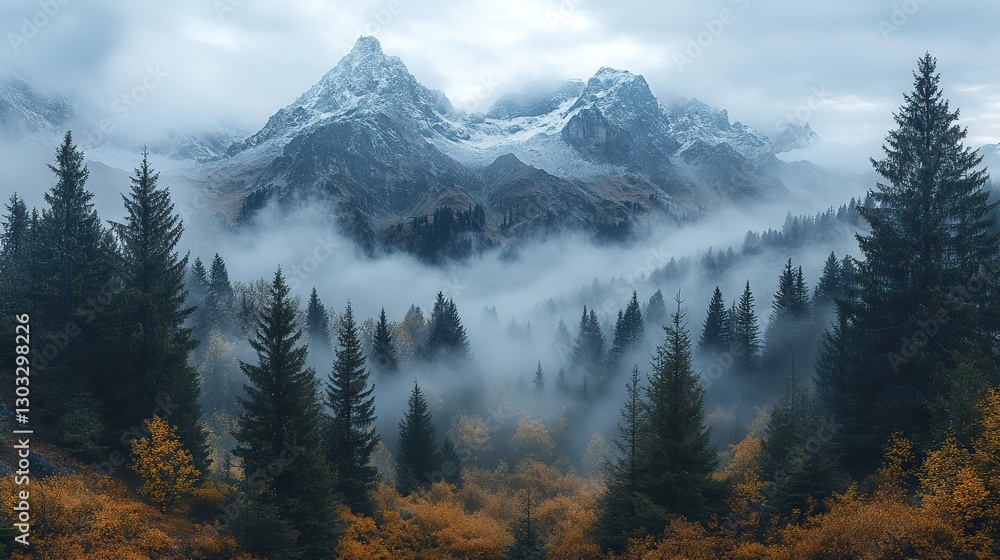 panoramic view of snow capped mountains in the mist
