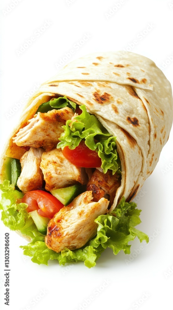 Delicious chicken wrap featuring fresh vegetables and tortilla, perfect for a quick meal on the go Delicious chicken wrap featuring fresh vegetables and tortilla, perfect for a quick meal on the go