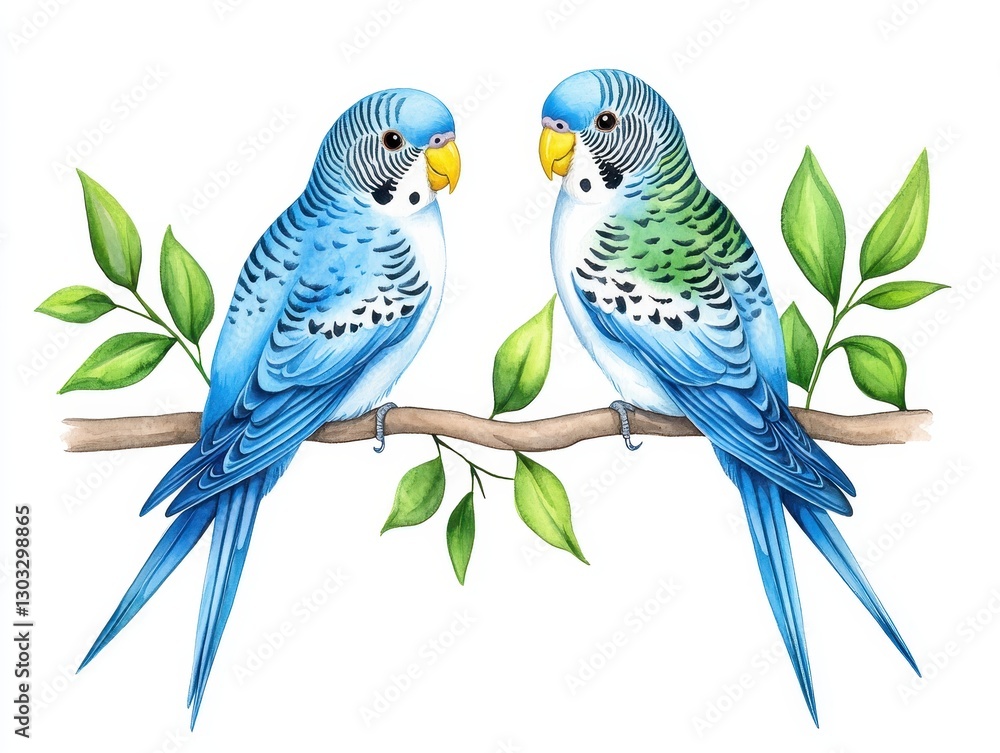 Obraz premium Two vibrant budgerigars perched on a branch surrounded by green leaves