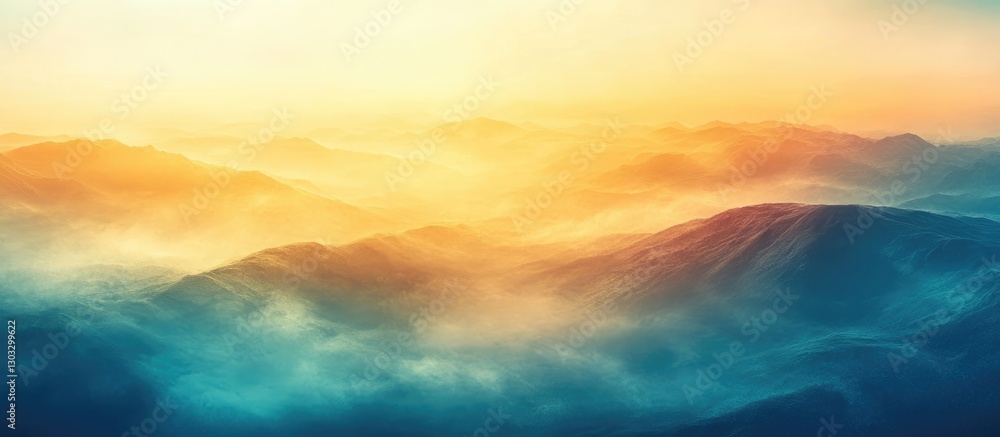 Obraz premium Majestic misty mountain range bathed in golden sunrise light, panoramic landscape view, vibrant color palette of warm oranges, yellows and cool blues, atmospheric haze, detailed mountain silhouettes