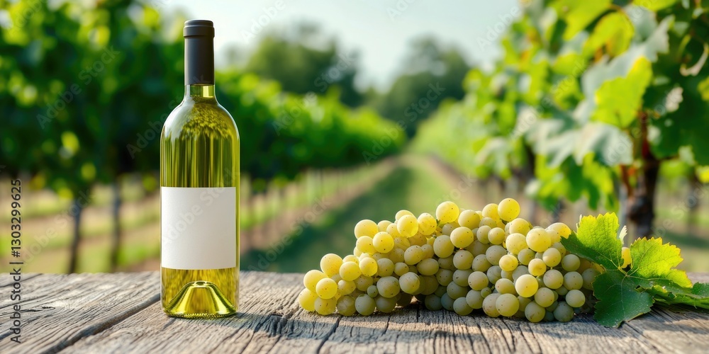 Fototapeta premium Golden vineyard sunlight on wine bottle and grapes