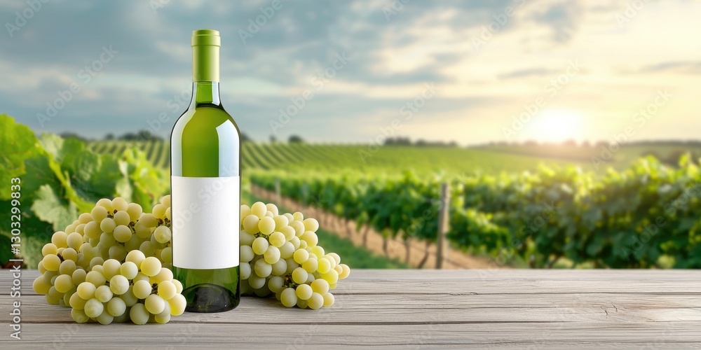 Fototapeta premium Rustic wine scene with bottle and grape bunches