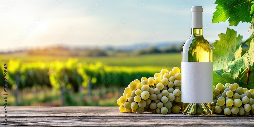 Fototapeta premium Elegant wine bottle and white grapes under sunlight