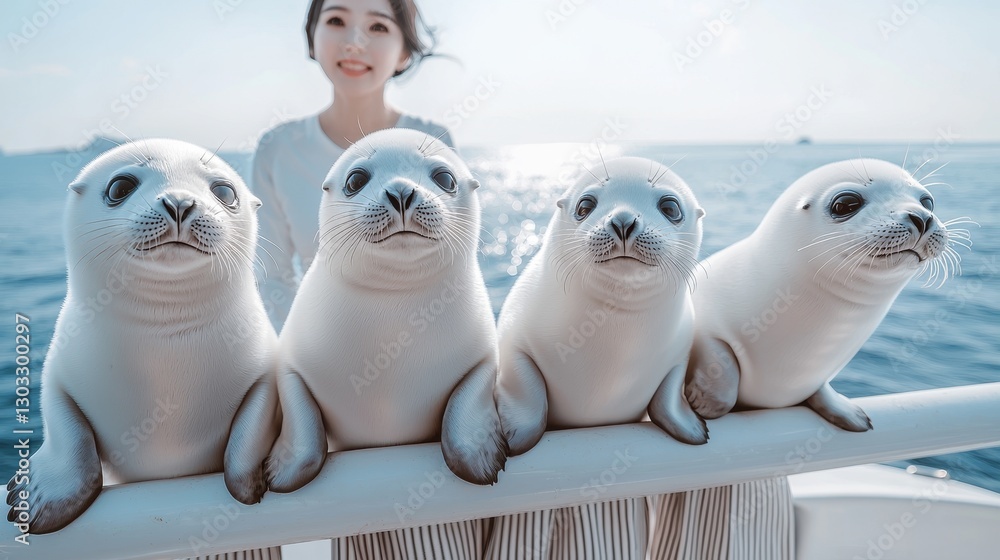 Obraz premium Four adorable newborn seals look back at a caring woman on a yacht, highlighting the beauty of nature's bond with sea creatures in a serene ocean setting