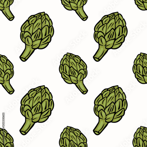 Seamless pattern featuring vector hand-drawn green artichokes on a white background, a  playful and stylish vegetable-themed