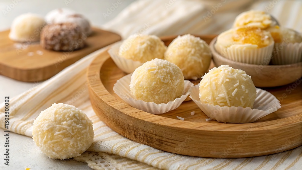 Fototapeta premium Handcrafted Coconut Sweets on a Natural Plate