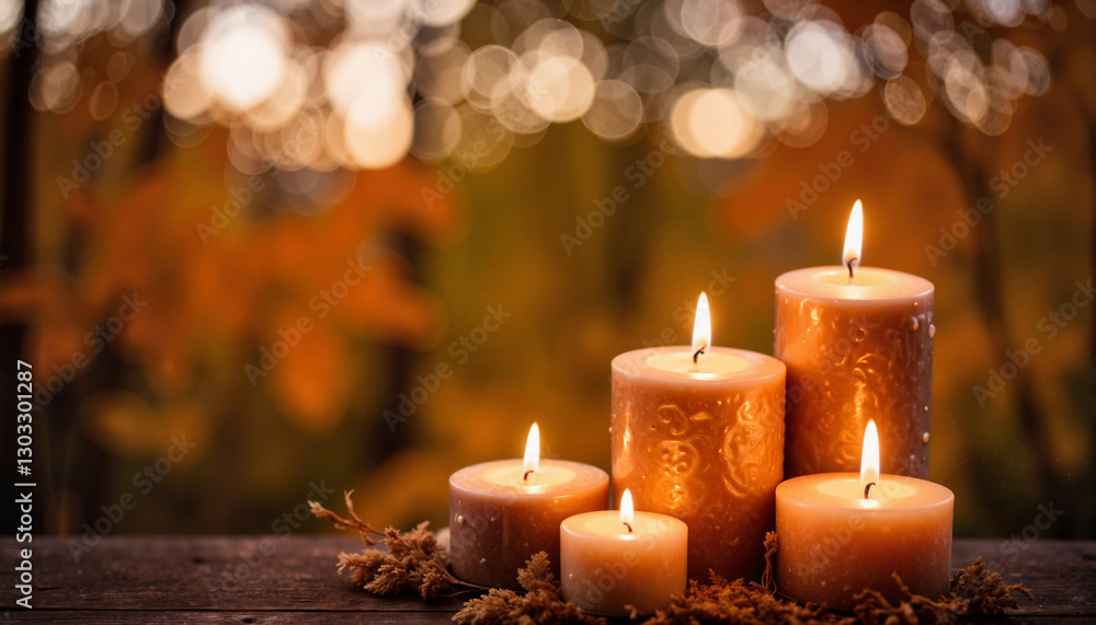 Calm candles glowing in warm autumn evening, cozy ambiance Calm candles glowing in warm autumn evening, cozy ambiance