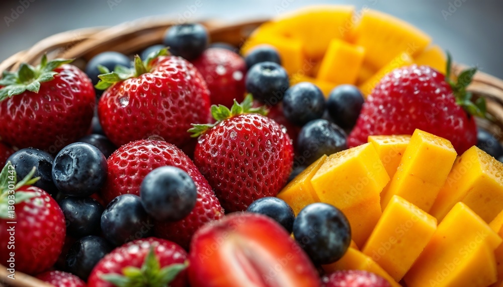 Fresh Mixed Berries and Mango in Rustic Wicker Basket Close-up Fresh Mixed Berries and Mango in Rustic Wicker Basket Close-up