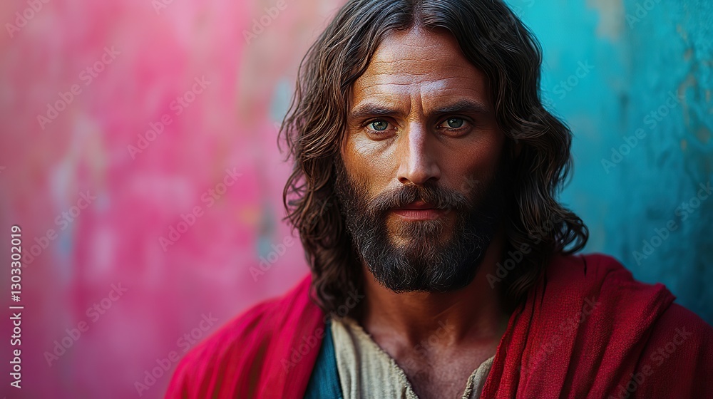 portrait of jesus christ in red robe against pink and blue background portrait of jesus christ in red robe against pink and blue background
