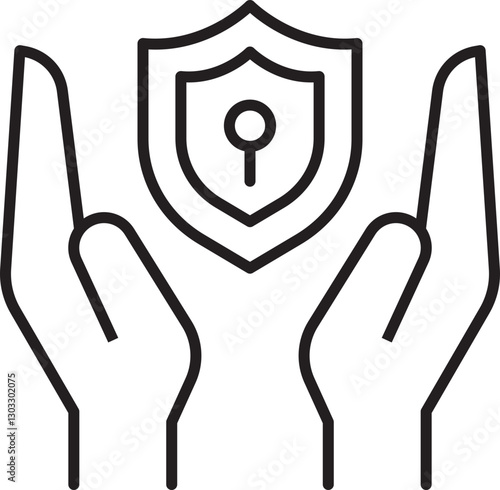 Hands protecting a shield symbol line icon