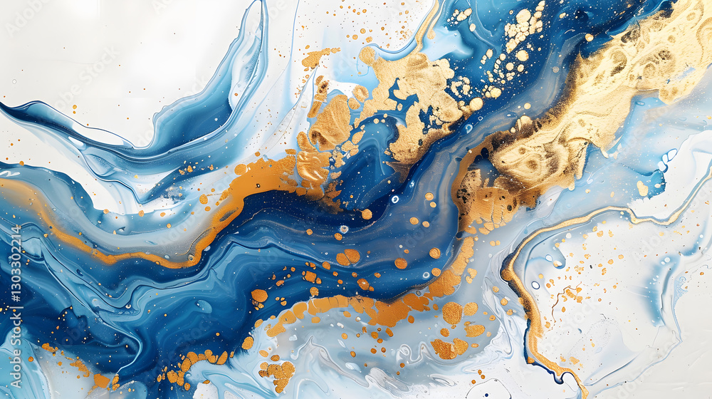 Abstract blue and gold painting on a white background, featuring elegant flowing shapes and a luxurious artistic composition. Abstract blue and gold painting on a white background, featuring elegant flowing shapes and a luxurious artistic composition.