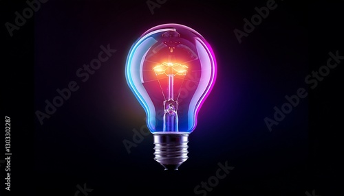 neon glowing light bulb with black background generative ai