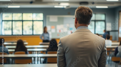 A school administrator observing a classroom, action shot, in an educational setting, using dynamic angles, with natural light