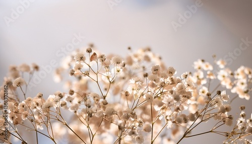 gypsophila elegant small beige flowers with light background macro