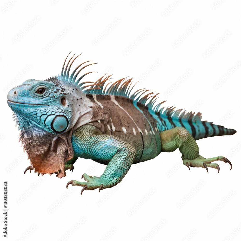 Obraz premium Green Iguana with Blue Head and Spines Isolated on White Background.