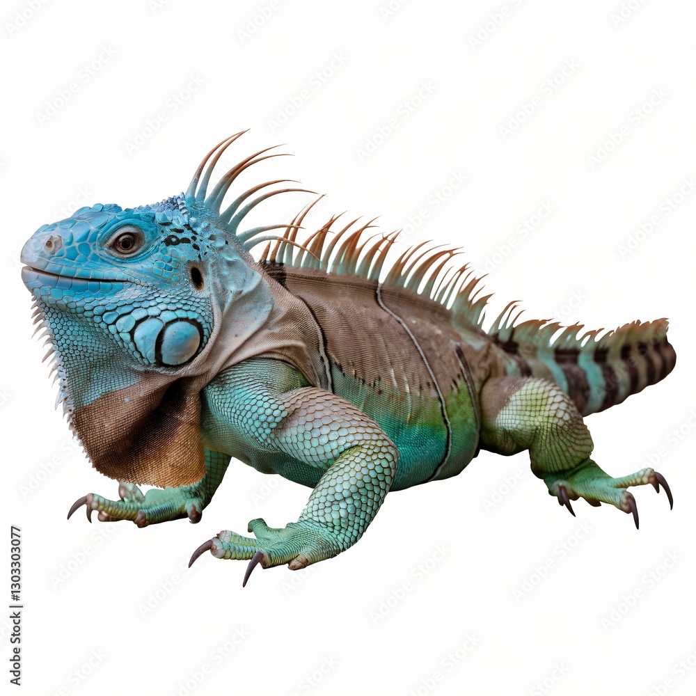 Obraz premium Green Iguana with Blue Head and Spines Isolated on White Background.