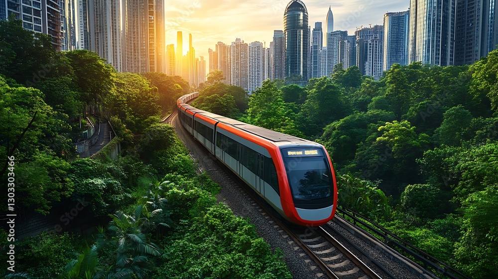 Naklejka premium Urban Train Through Lush Cityscape Sunset