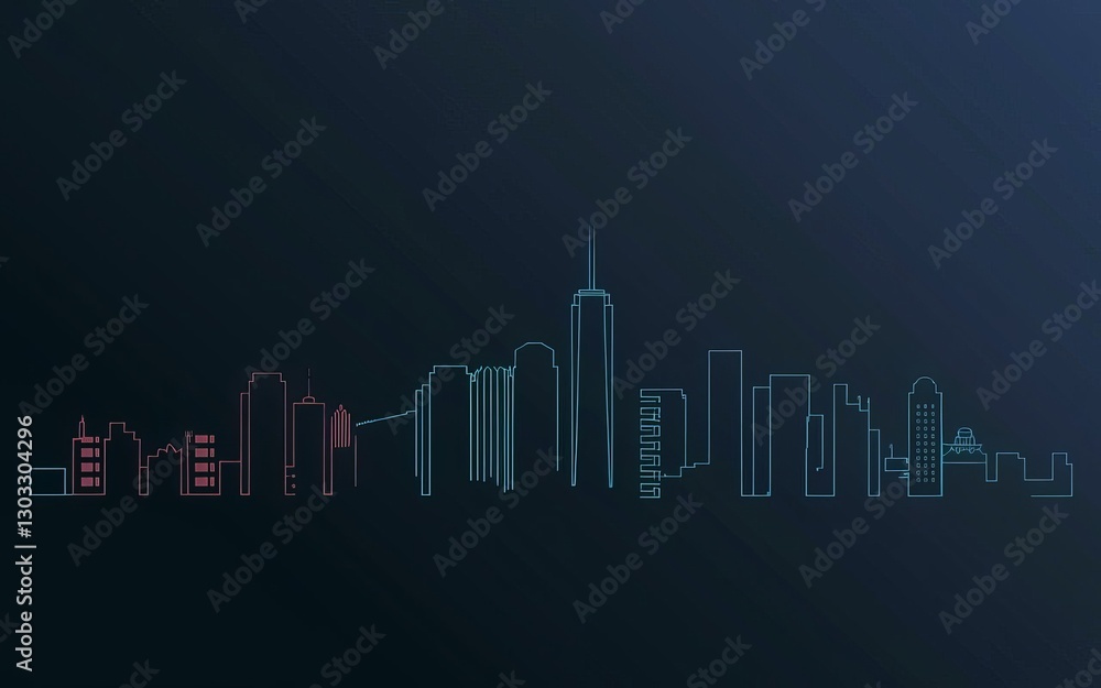 Fototapeta premium Neon Cityscape Skyline: A captivating neon cityscape skyline against a deep background. The vibrant and modern depiction of urban architecture.