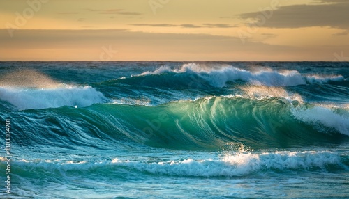 serene waves in calming blue and green tones with warm golden illumination