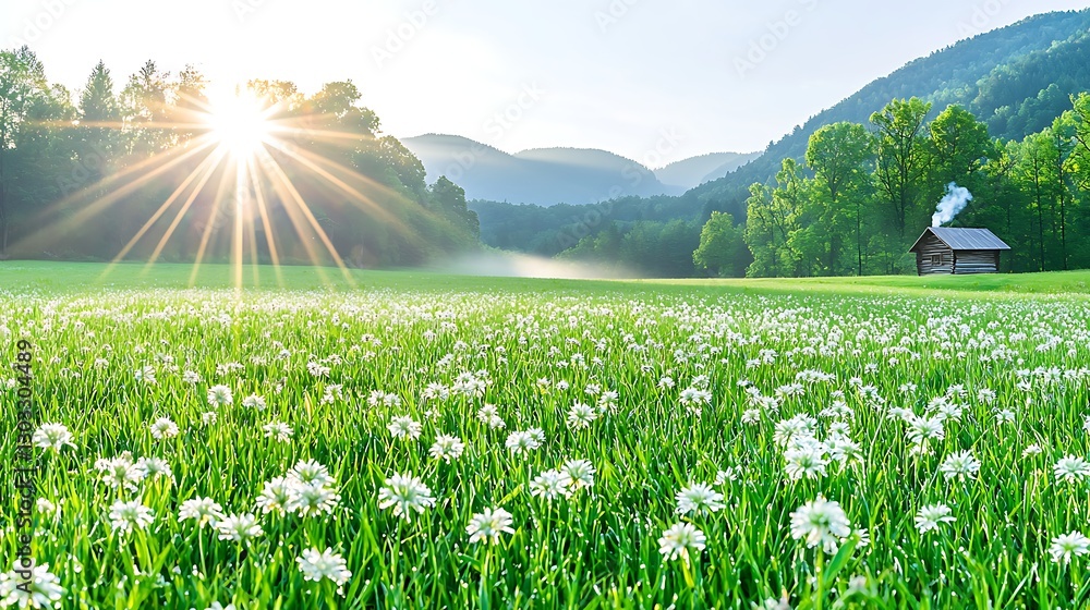 Serene Spring Landscape with Bright Sunlight, Rolling Hills, Blooming Flowers, and Rustic Cabin in Background Serene Spring Landscape with Bright Sunlight, Rolling Hills, Blooming Flowers, and Rustic Cabin in Background