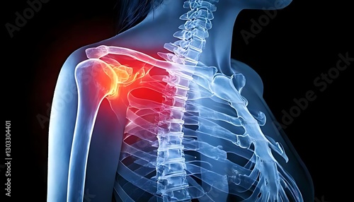 An X-ray image depicting a human shoulder with highlighted inflammation, showcasing the skeletal structure and the affected area.