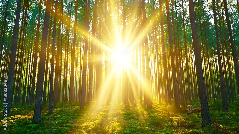 Fototapeta premium Sunlight Piercing Through Dense Forest Canopy, Illuminating Ground with Natural Glow and Serenity